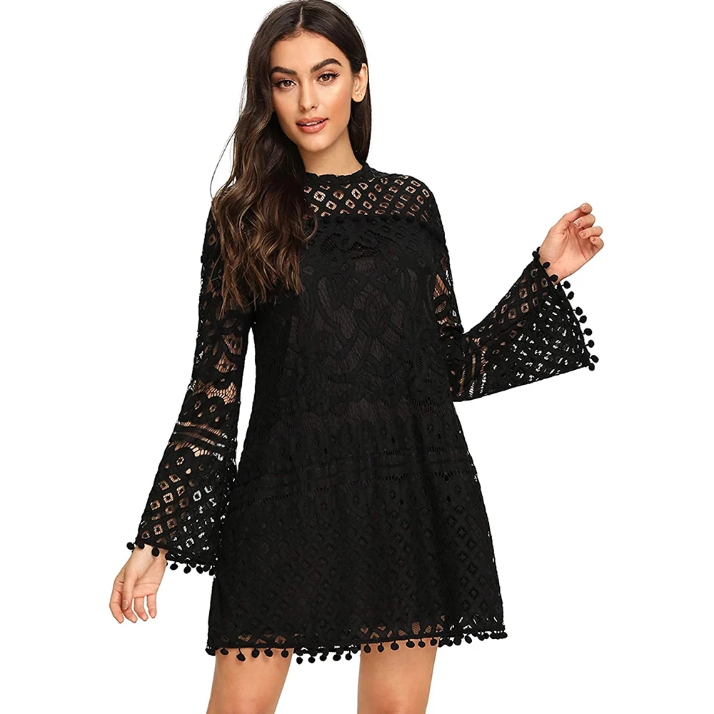 

Women's Crochet Pom-pom Sheer Lace Bell Sleeve Dress