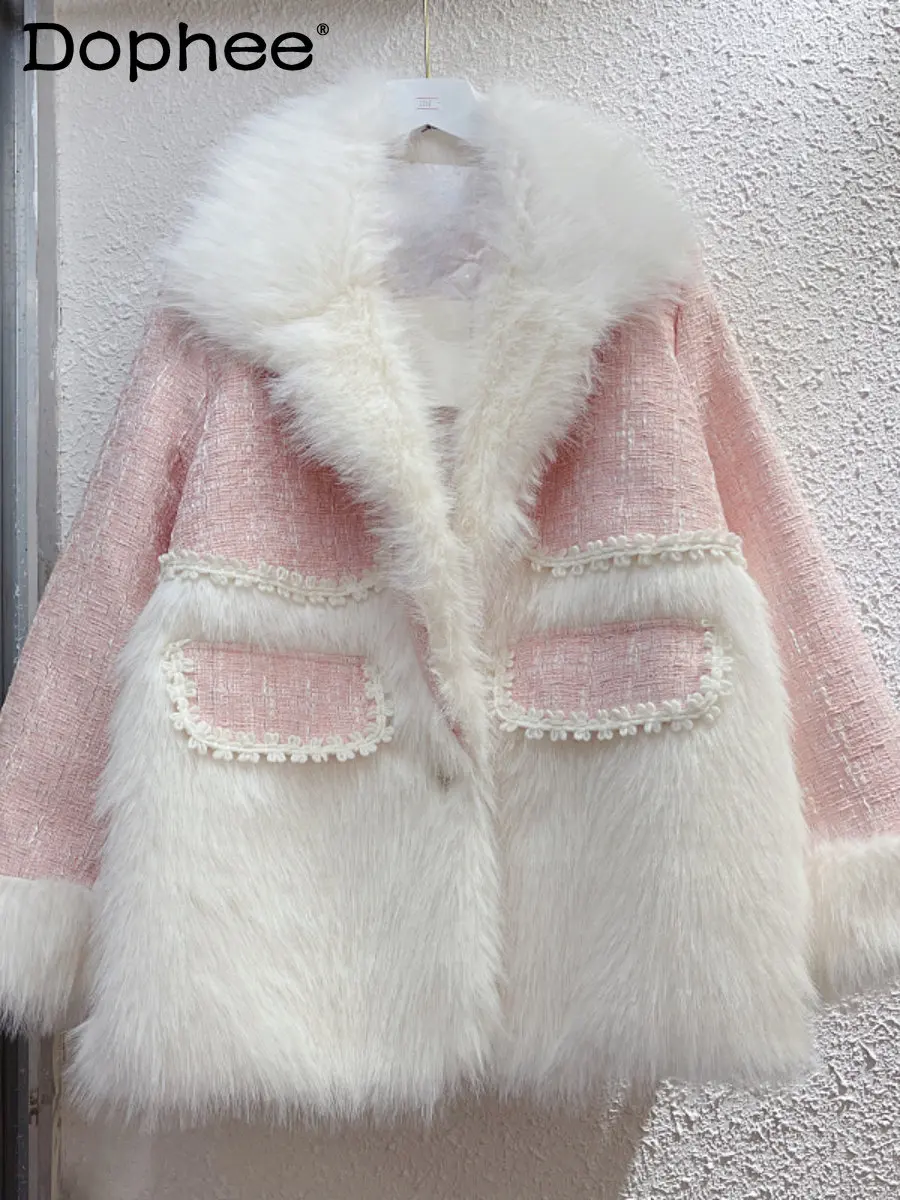 Socialite Tweed Stitching Faux Fur Coat Temperament Lapel Thicken Warm Woolen Coat Female 2022 New Autumn Winter Women Clothes