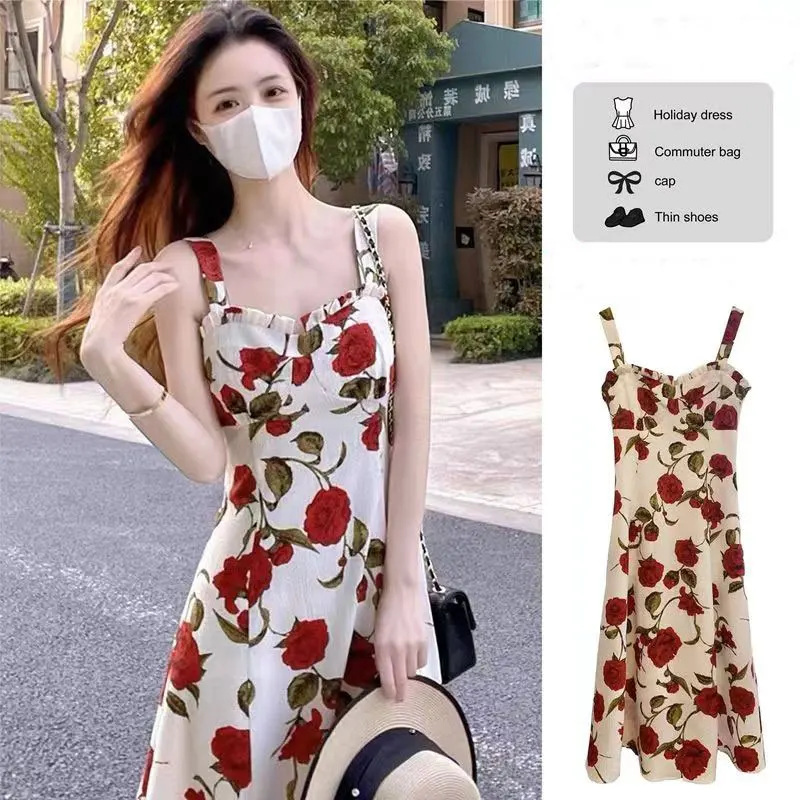 

Женское шифоновое платье средней длины, летнее платье во французском стиле с цветочным принтом, оборками и лямкой на шее, для отдыха на море,...