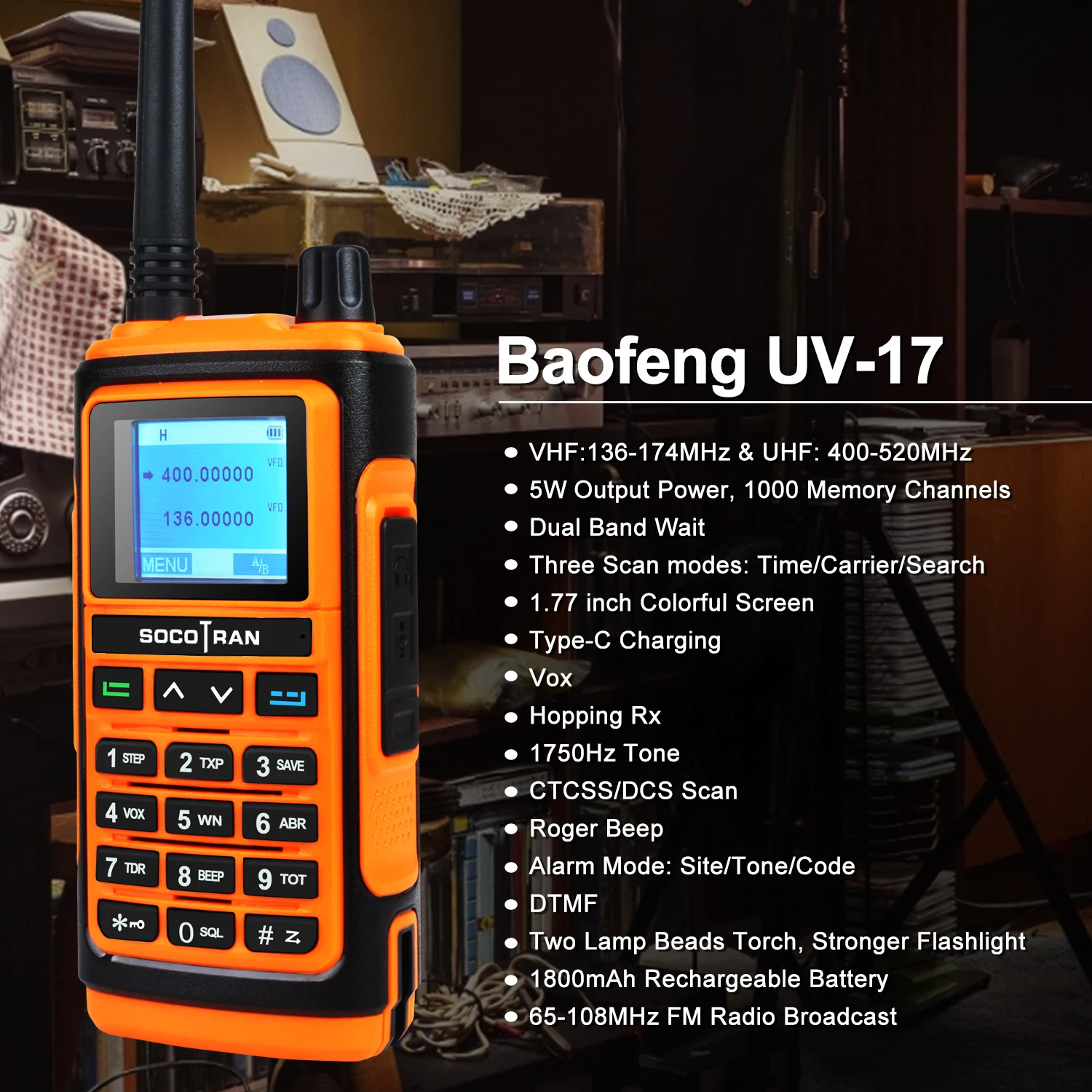 Baofeng UV-17 VHF UHF Dual Band Analog FM Waterproof  Vox Outdoor Walkie Talkie with 1.7 Inch Large Color Screen Type-C Battery