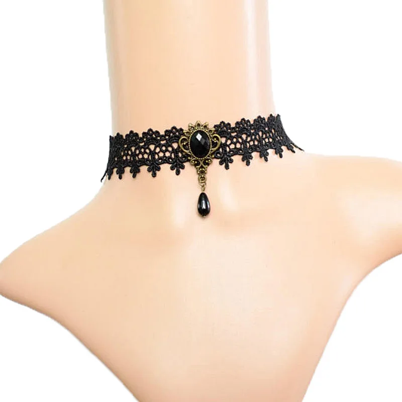 Женское черное кружевное колье с каплями воды и камнем цветочное сексуальное