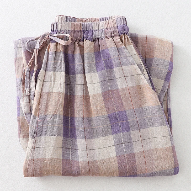 Женские хлопковые брюки до щиколотки повседневные свободные шаровары в клетку с