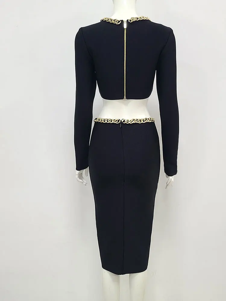 Sexy Black Bandage Dress Suit 2022 Women's O Neck Long Sleeve Gold Chain Design Short Top & High Waist Split Skirt Two Piece Set enlarge