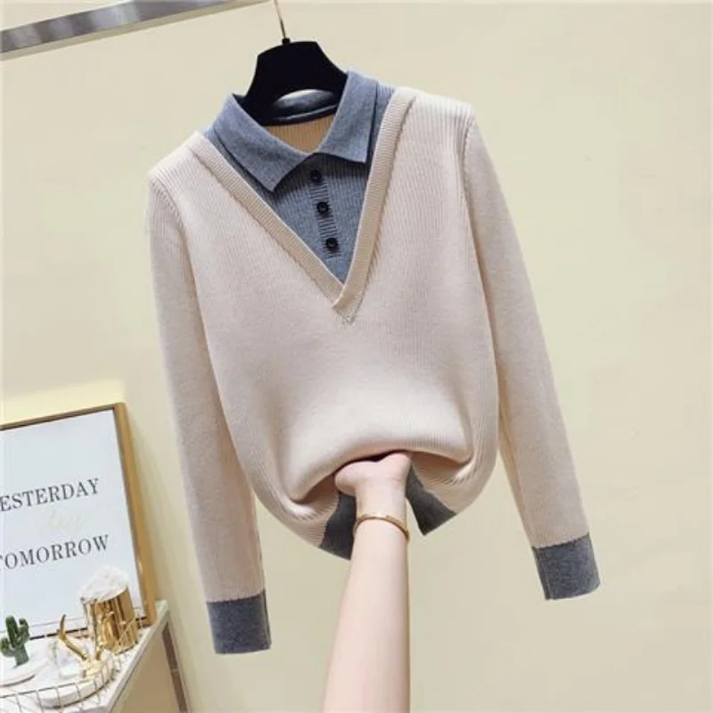 

Pullover Sweater Autumn Westernization POLO Collar Fake Two Piece Design Sense Reduced Age Long Sleeve Knitted Top for Women