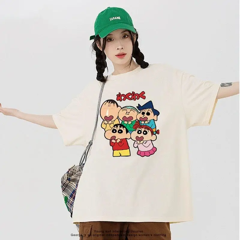 Новинка Милая футболка Kawaii Crayon Shin-Chan с коротким рукавом принтом из мультфильмов
