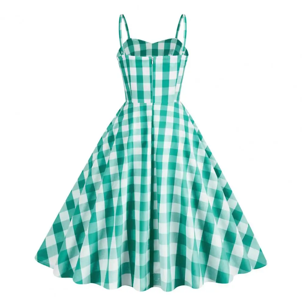 

Женское винтажное клетчатое платье макси, элегантное клетчатое платье-трапеция с открытой спиной, V-образным вырезом, высокой талией и молнией сзади контрастных цветов на лето