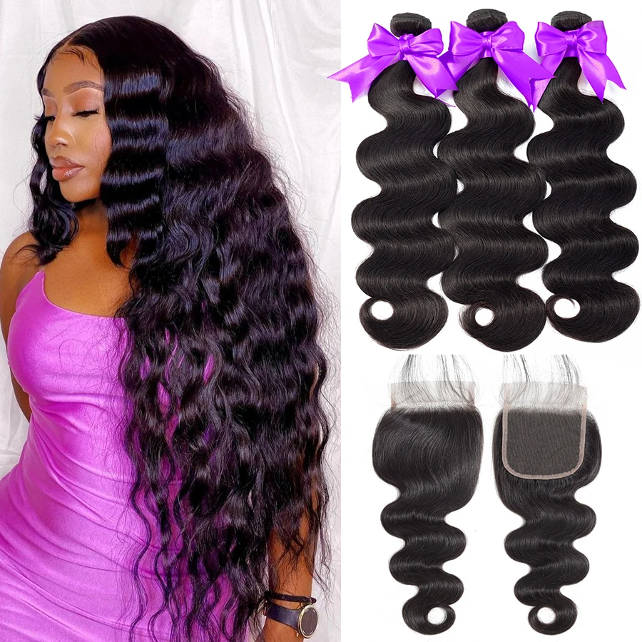 

12A Body Wave Bundles With Closure Peruvian Human Hair Weave Bundles With 4x4 Lace Closure Bodywave Virgin Hair Extensions