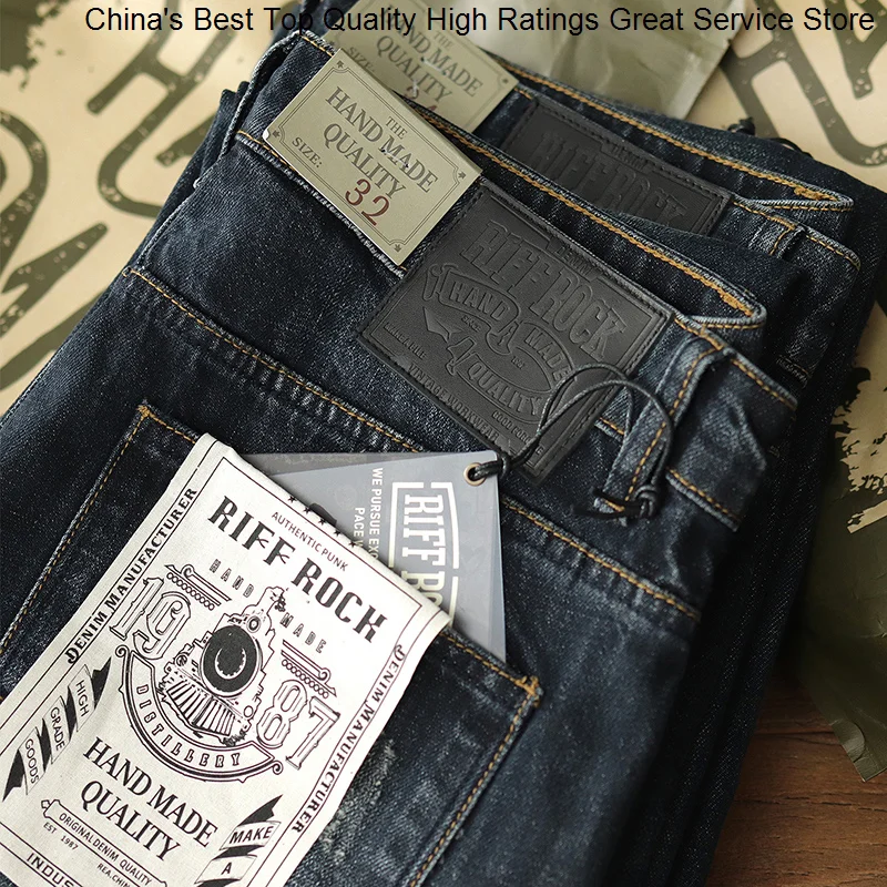 Men Amekaji Vintage 13.5oz Heavy Spring Autumn New Blue Black Multi-pocket Washed Old Denim Jeans Straight Casual Trousers