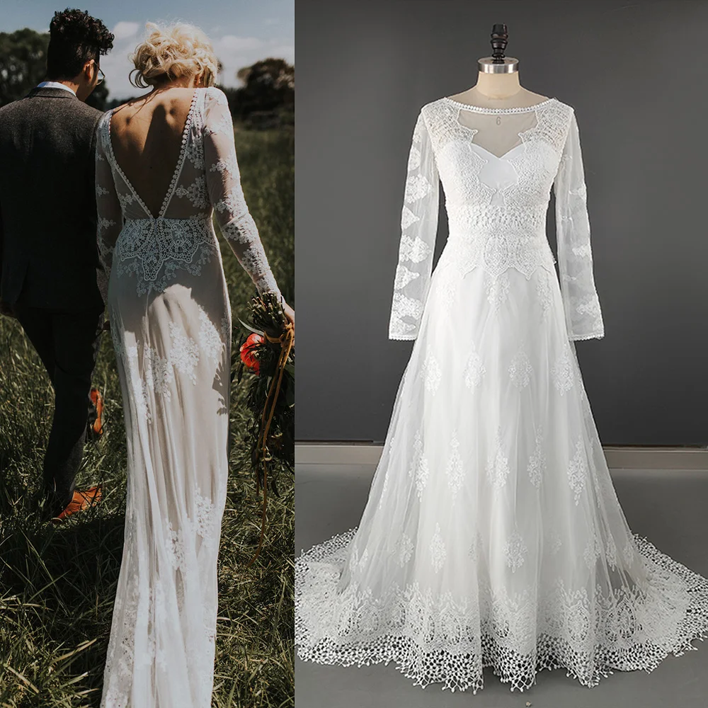 

Long Sleeve Boho Boat Neck Wedding Dress Open Back Custom Made Tiered Lace A Line Rustic Real Photos Elopement Maxi Bridal Gown