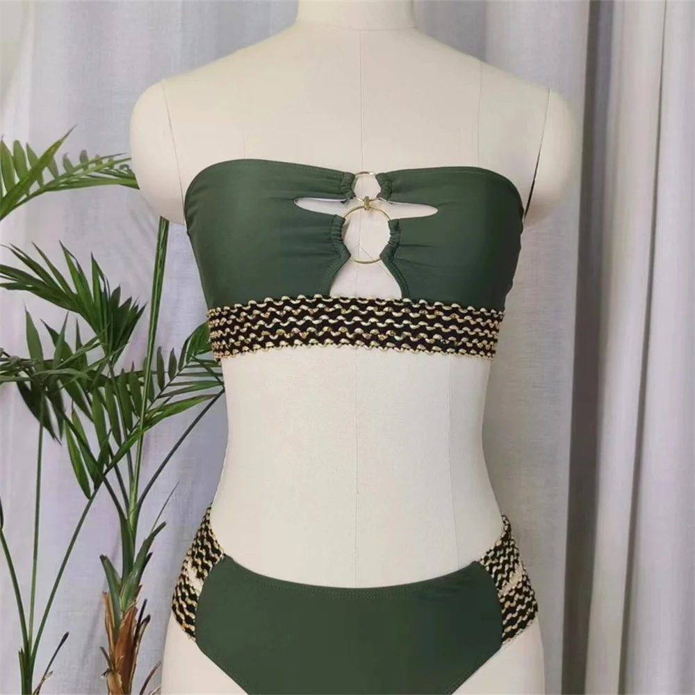 Купальник-бандо с высокой талией и кольцами бандажный комплект бикини Y2K женский