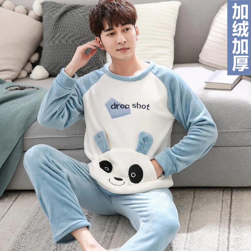 Pajamas Set Man Casual Sleepwear Thick Flannel Cartoon Full Length Pyjama Women's Winter Warm Fashion Homewear Big Siz