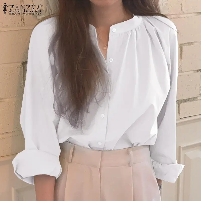 

Women Full Sleeve Blouse O-Neck Solid Color Blusas Femininas Work OL Top Casual Holiday Elegant Loose Chemise 2022 ZANZEA Spring