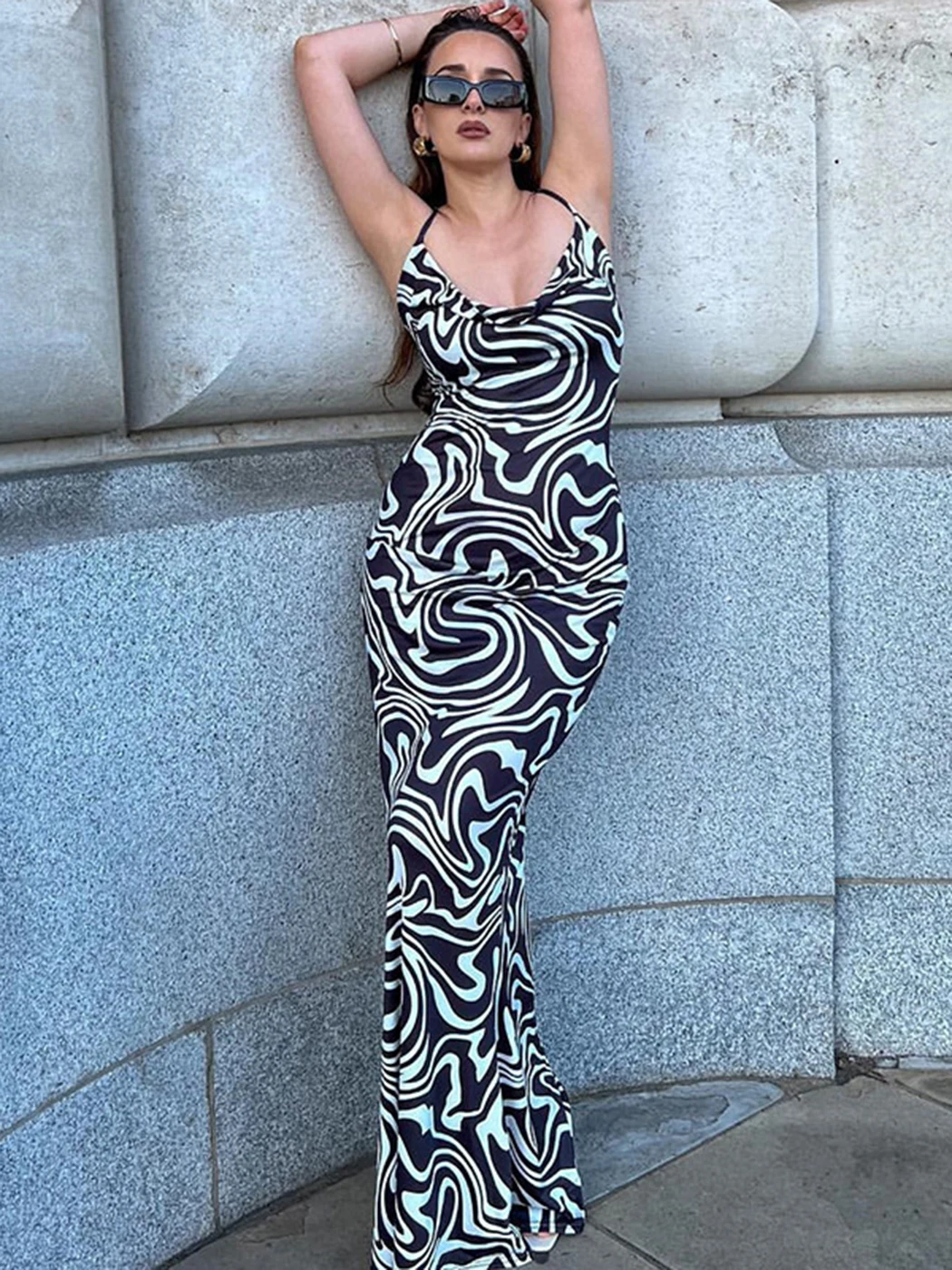 

Vintage Print Slim Maxi Dress Women Summer V-neck Sleeveless Spaghetti Strap Camis Party Evening Dress Female Vestidos