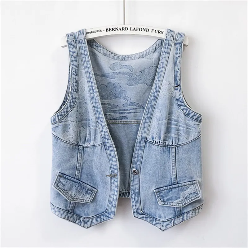 

Korean Fashion Jacquard V Neck Denim Vest Women Waistcoat Wash Blue Cowboy Sleeveless Jacket Coat Slim Short Jeans Vest Female