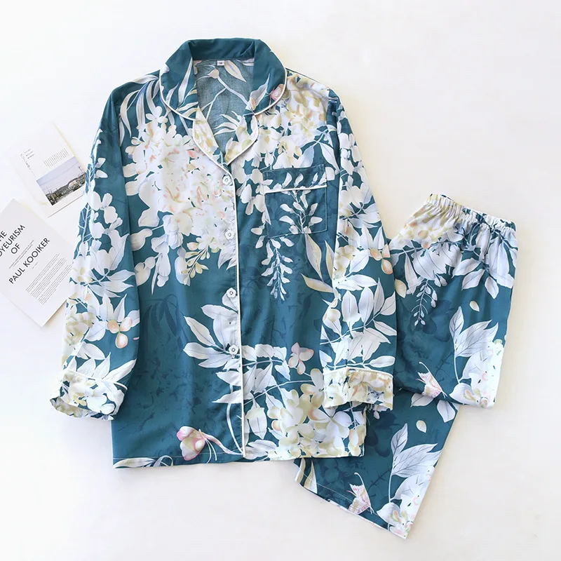Ladies Viscose Pajamas Set Long-sleeved Elegant Big Flower Home Wear Casual Thin Two-piece Suit Plus Size Pyjamas Women