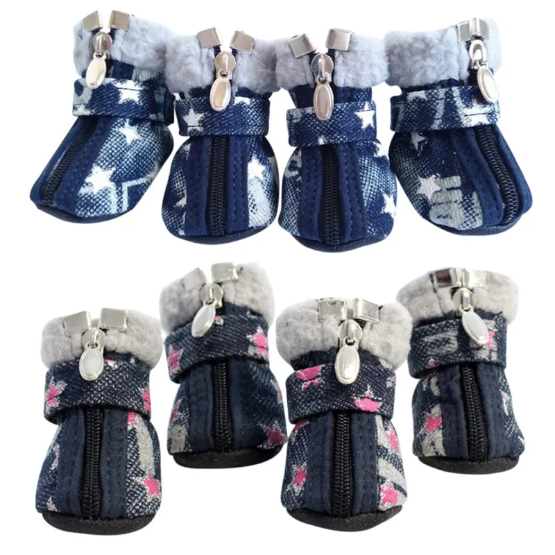 

Pet Dog Shoes Winter Super Warm 4pcs/Set Dog Boots Denim Anti Slip Shoes For Small Dog Poodle Teddy Chihuahua Star Pattern