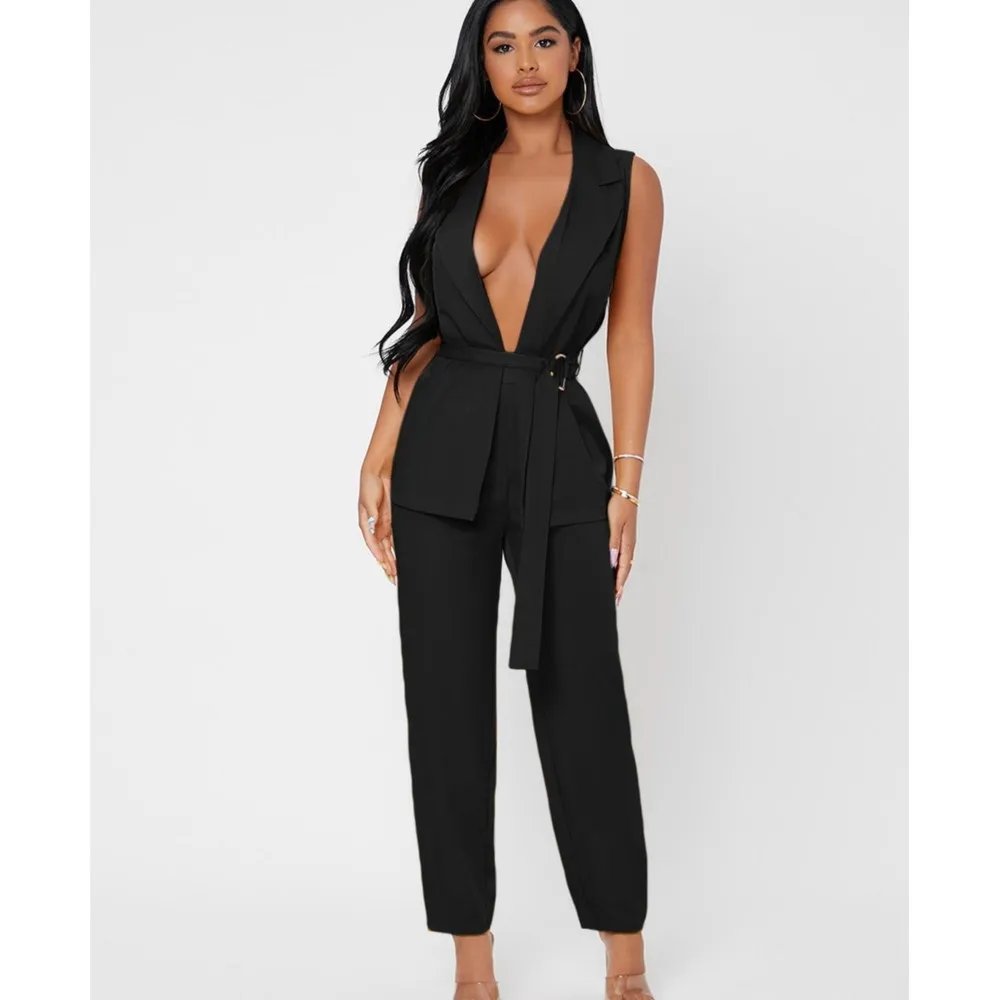 

Ladies Solid Lapel Neck Belted Blazer & Leisure Pants Set Summer Autumn Fashion Slim Sexy Elegant Suits For Women All-matching