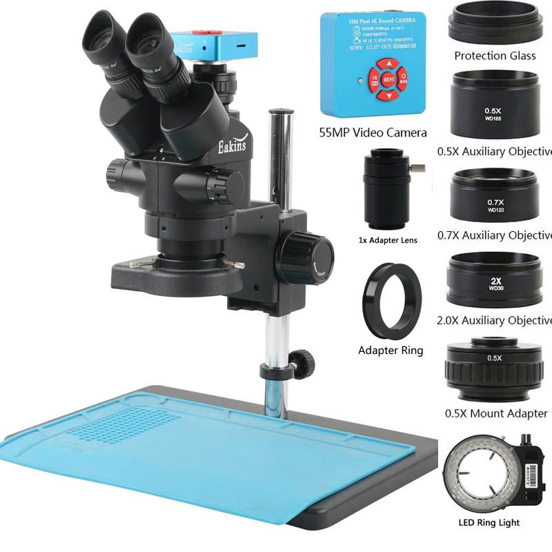 

3.5-90X Simul-focal Zoom Trinocular Stereo Microscope 1080P 2K 4K 48MP 55MP HDMI USB Video Camera 1X 0.7X 0.5X 2X Objective Lens