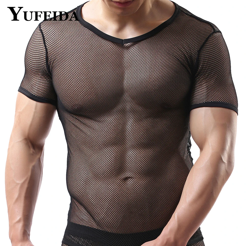 YUFEIDA Fishnet Mesh Shirt Men Sexy Undershirt Man Transparent Sheer Tops Breathable Casual Clothes Male See Through Streetwear