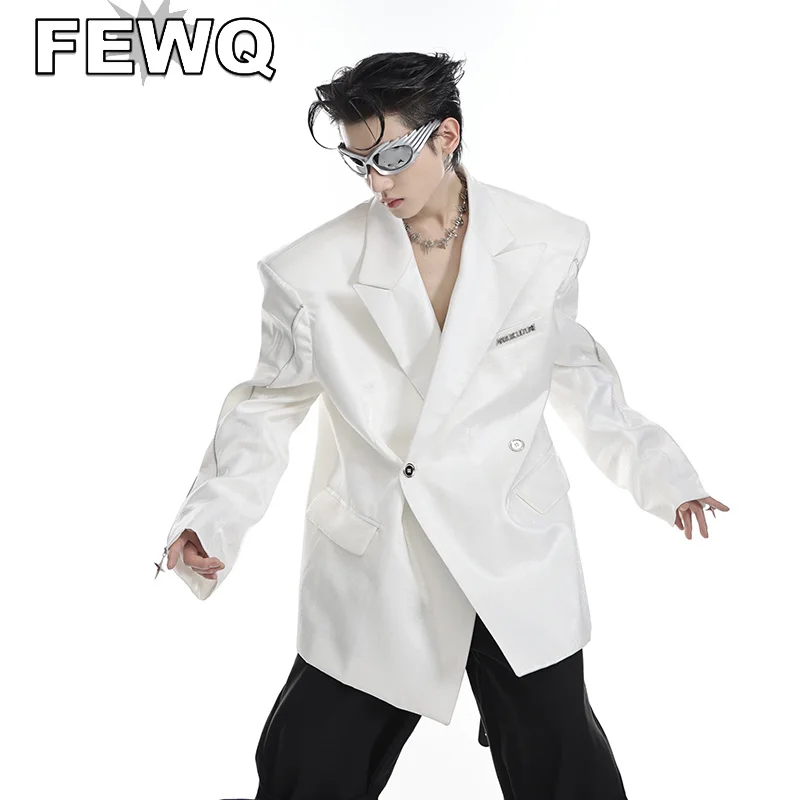 

FEWQ High Street Men's Shoulder Pad Suit Summer New Long Sleeve Tops Niche Liquid Blazers Jacket Metal Zipper Design Coat 9C330