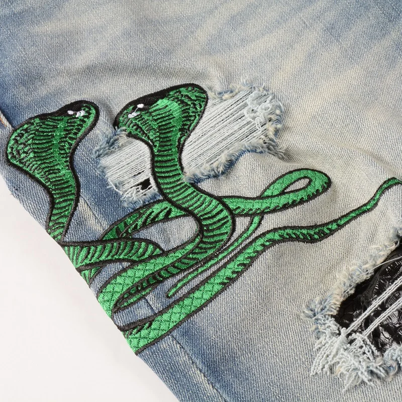New Arrivals Steetwear Style Skinny Stretch Holes Embroidered Snake Patch Slim High Street Light Blue Distressed Ripped Jeans