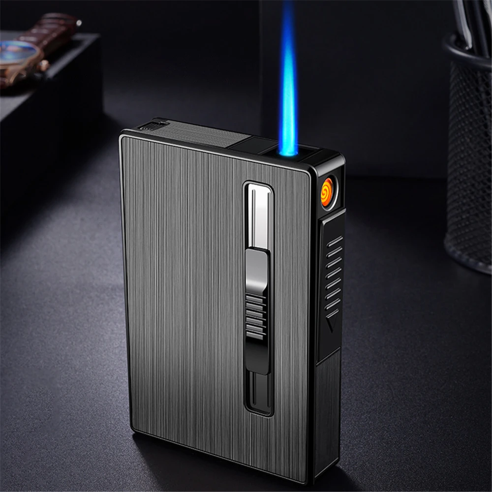 

2 in 1 Metal Cigarette Cases With Jet Flame Lighter USB Lighter Holds 20pcs 100mm Cigarettes Tobacco Storage Box Smoking Tools