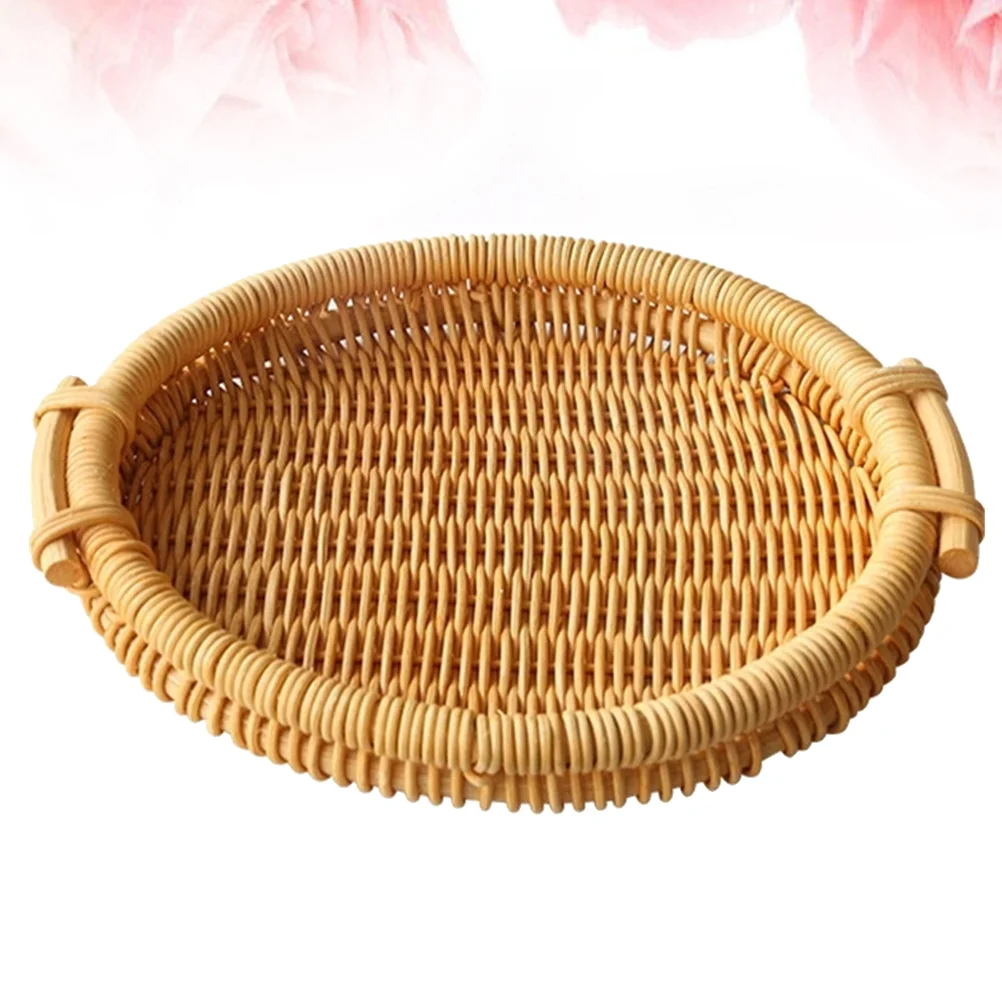 

Round Rattan Fruit Basket Woven Wicker Bread Basket Snack Tray Vegetables Serving Basket Wicker Organizer for Dinning Room