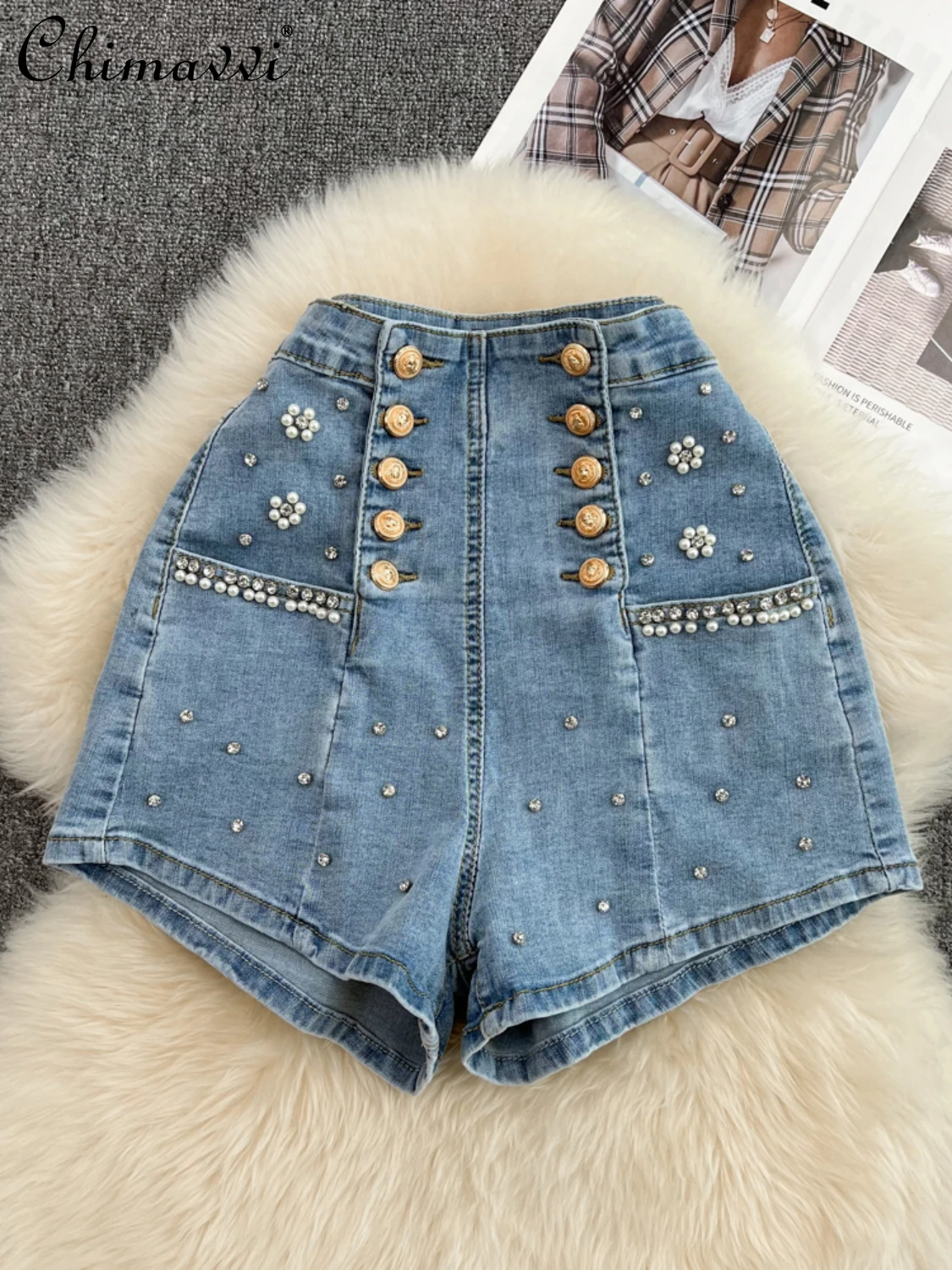 

Fashion Double-Breasted Elastic Beaded Women's Denim Shorts 2022 Summer New Korean High Waist Slim A- Line Wide Leg Hot Pants