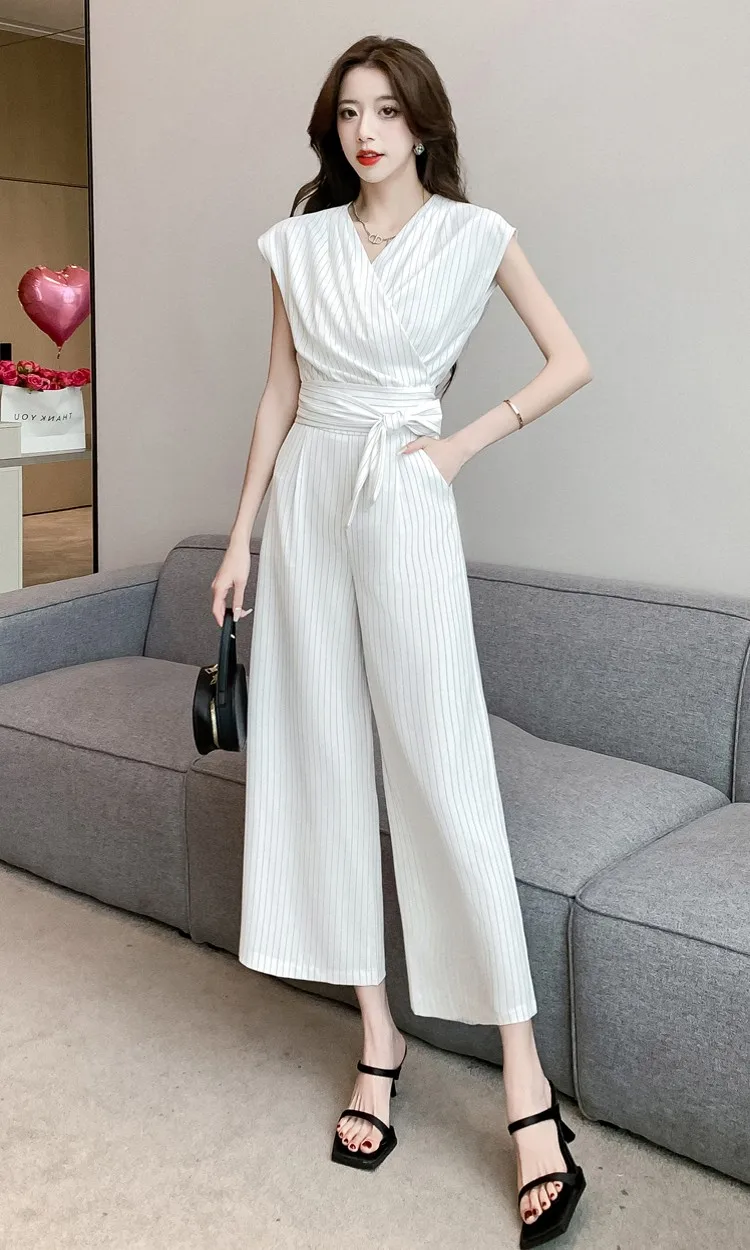 

Summer Stripe Two Piece Set Women Outfits Elegant OL Sleeveless Tank V Neck Lace Up Slim Blouse+Wide-Legged Pants Trousers Suits
