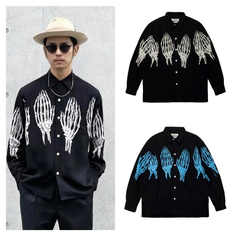 

Black WACKO MARIA Shirt Best Quality Cuban Neck Hawaiian Skull Ghost Claw WACKO MARIA Long Sleeve Shirt Tops