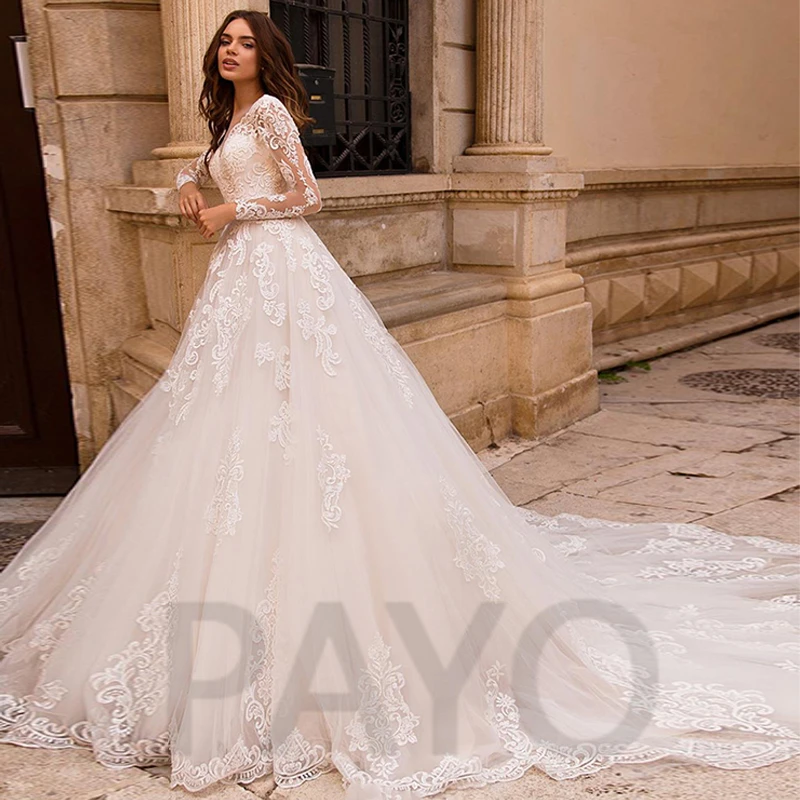 

Luxury Wedding Dress Lace Up Exquisite Appliques Beading V-Neck Tulle Elegant Princess Mopping Gown Robe De Mariee Women