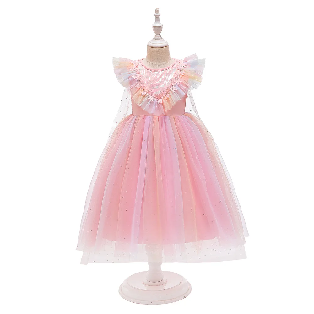 

Girls Party Dress Kids Pink Blue Mesh Ruffle Sleeveless Dresses Baby Girl Even Dress for 3-9 Years