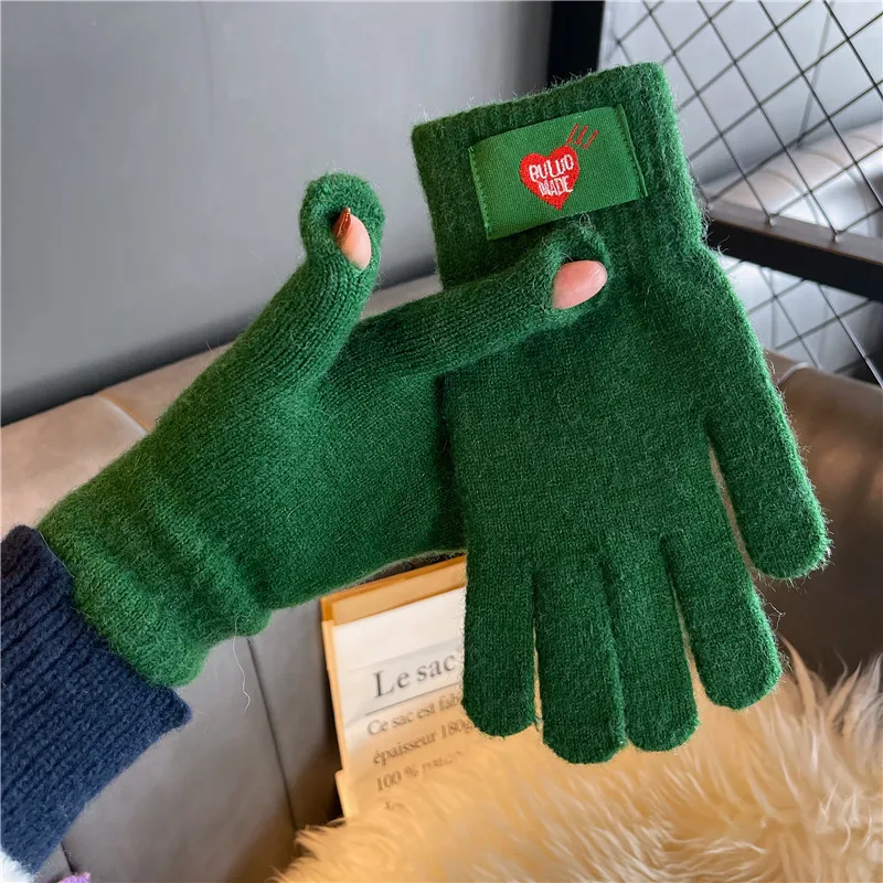 

Green Students Fresh and Lovely Love Label Autumn and Winter Knitting Gloves Points Can Be Touch-screen Men and Women