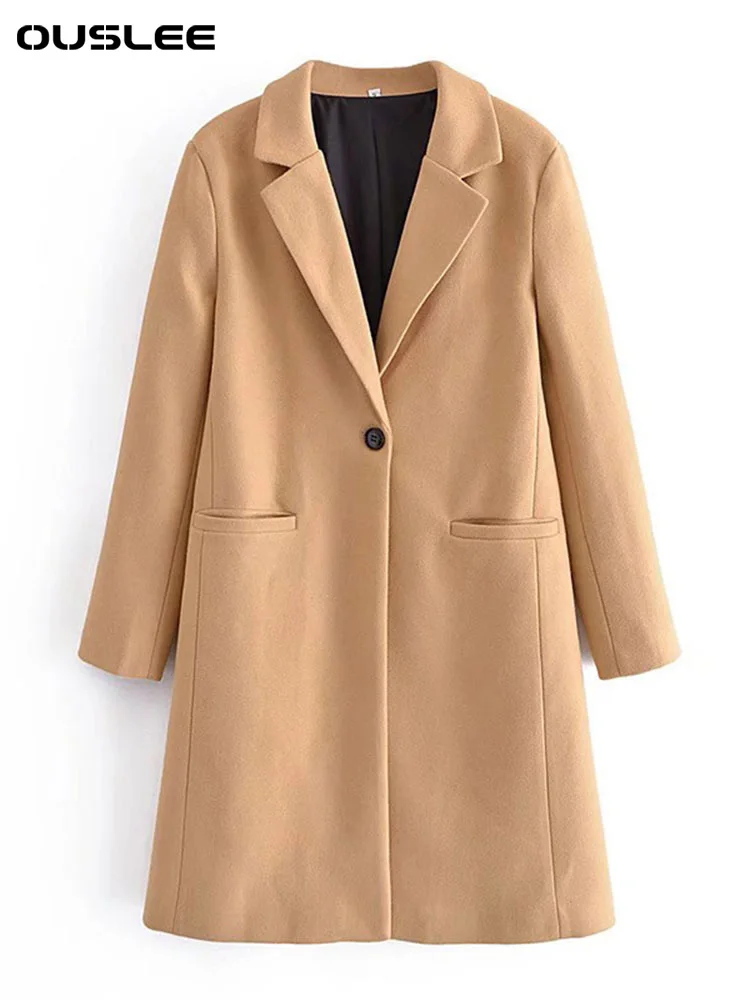 

OUSLEE-Женский шерстяной пальто с воротником на одной пуговице, винтажный теплый длинный рукав, карманы для ранта, женская верхняя одежда, шикарное пальто