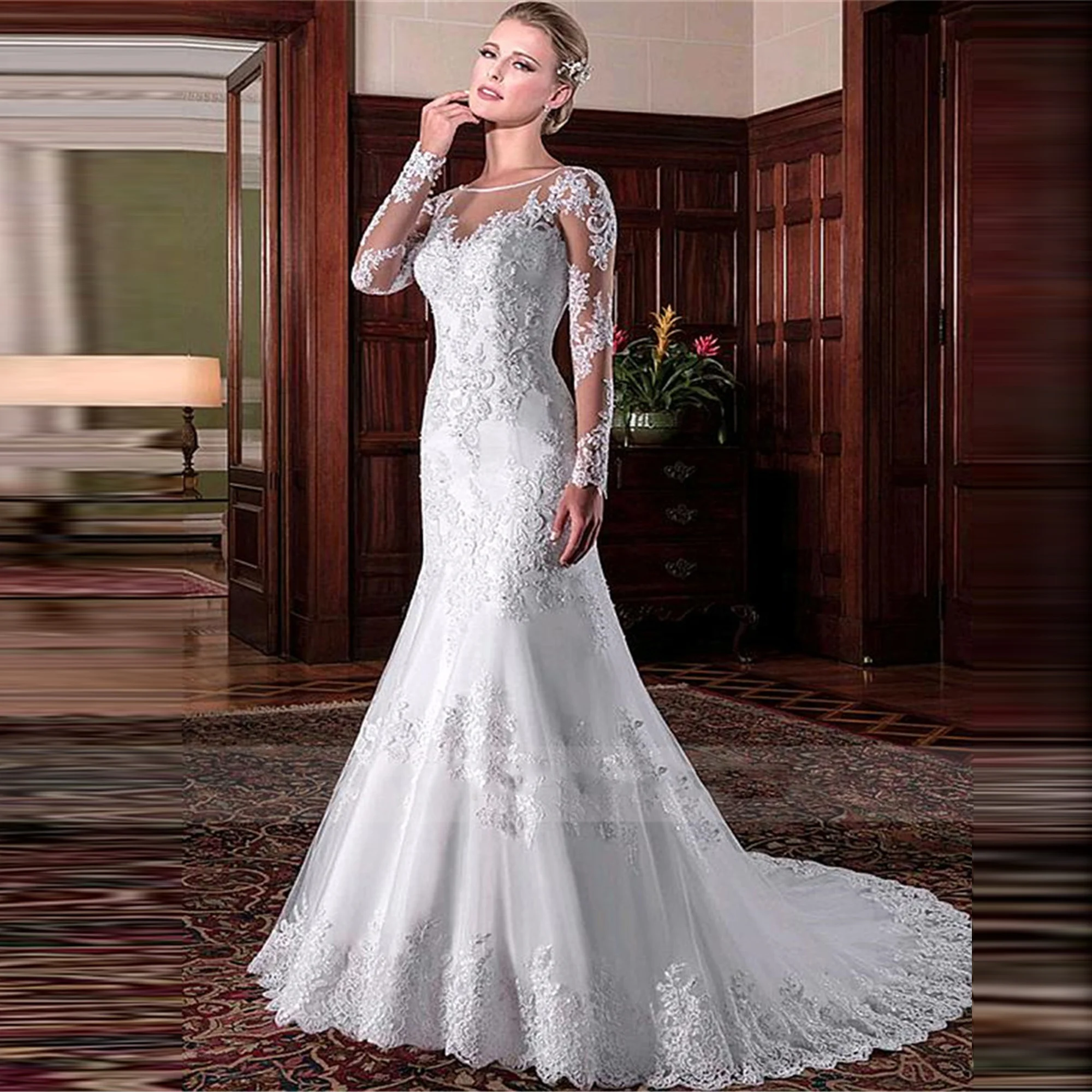 

Elegant Scoop Long Sleeves Slim Mermaid Wedding Dresses For Bride Appliques Lace Bridal Gowns Zipper Modest Vestidos De Novia