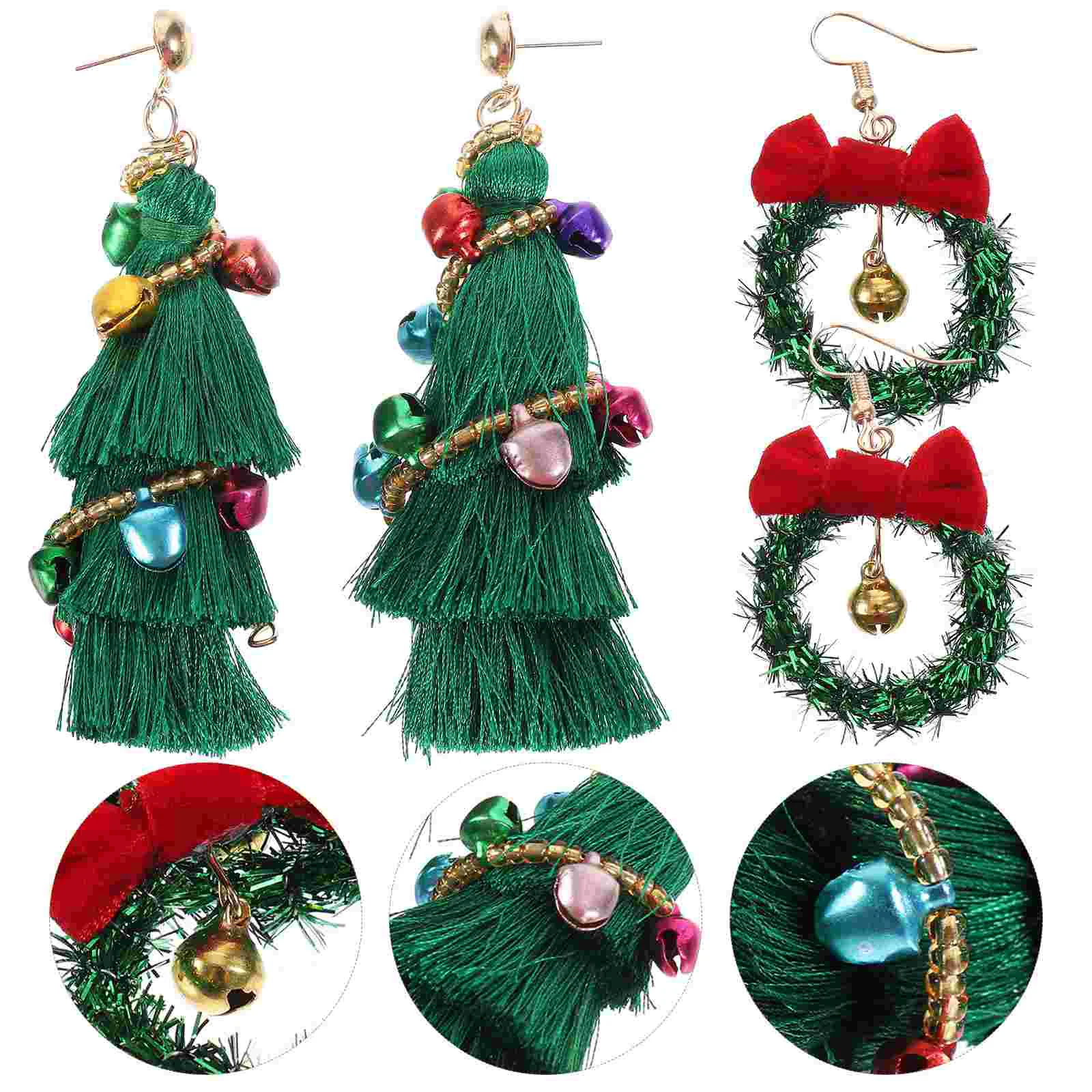 

2 Pairs Christmas Tree Earring Wreath Tassel Fun Earrings Dangle Women Alloy Xmas Party Miss
