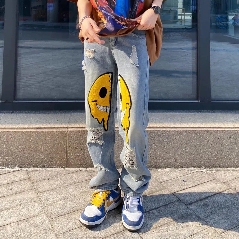 Ropa Smiley Embroidery Hole Baggy Stacked Pants Mens Hip Hop Ripped Jeans Y2K Jean Clothes Goth Denim Trousers Pantalones Hombre