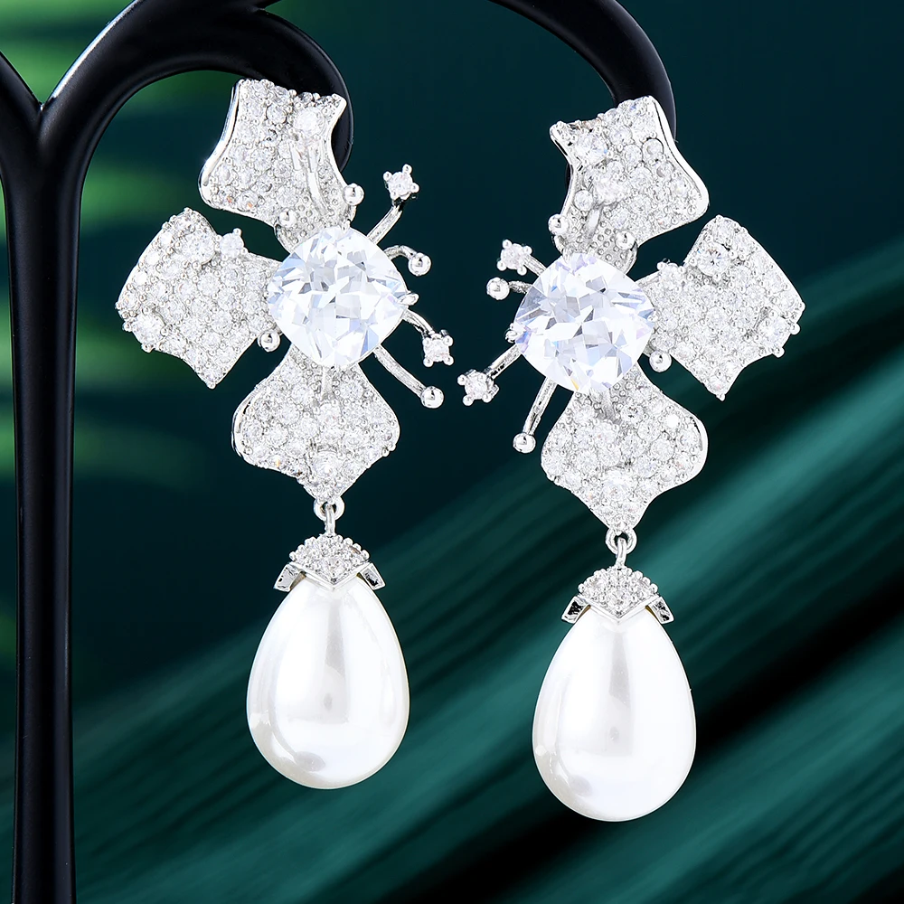 

GODKI, новинка, рождественский подарок, жемчужные серьги с цветами для женщин, свадебные серьги с фианитом, Популярные Роскошные индийские юве...