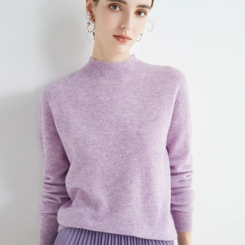 Half Turtleneck Women's Pullover 100% Wool Sweater Fashion Cropped Loose Long Sleeve Cashmere Knit New 22 Seamless |