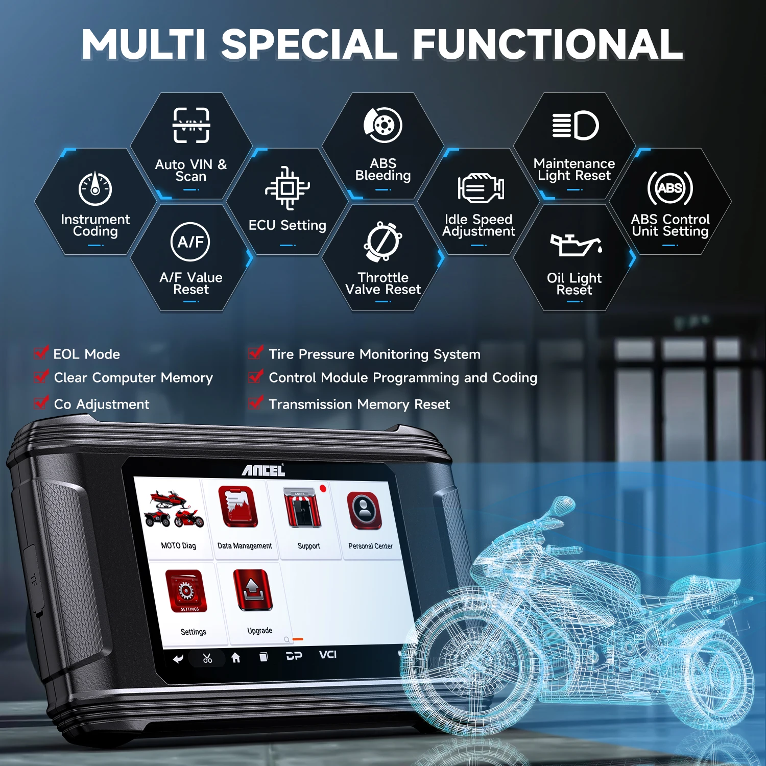 Фото ANCEL MT500 Pro мотоциклетный сканер, полная система масла, ЭБУ, сброс дроссельной заслонки, регулировка холостого хода, OBD2, диагностический инструмент для сканирования мотоцикла №3