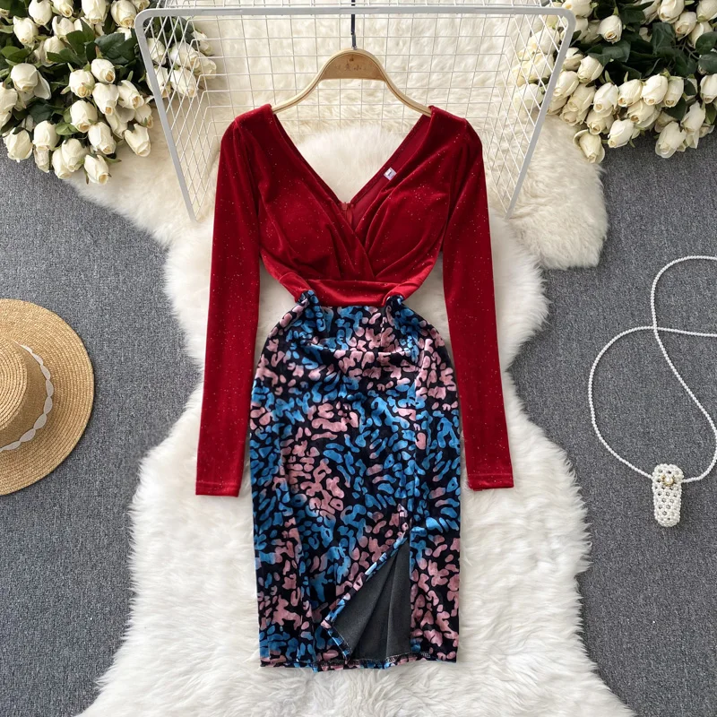 

2022 Autumn/winter New V-neck Stitching Printing Bag Hip Split Dress Women Clothing Dress