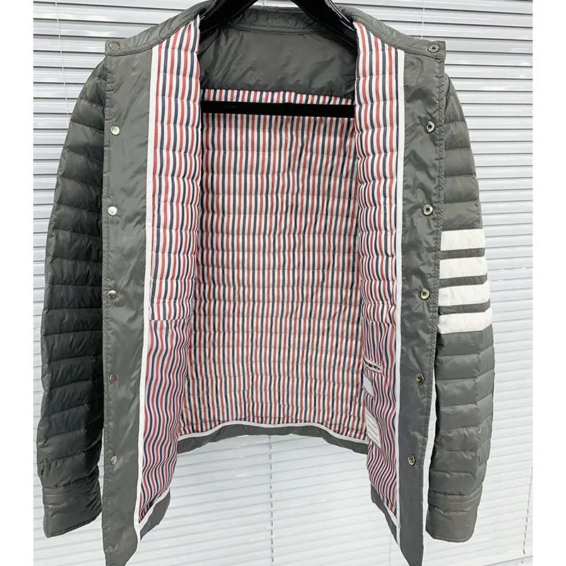 TB THOM Thin Down Jacket Classic White 4-Bar Striped Business Men Down Jacket Winter Slim Short Hooded Warm White Duck Down Coat