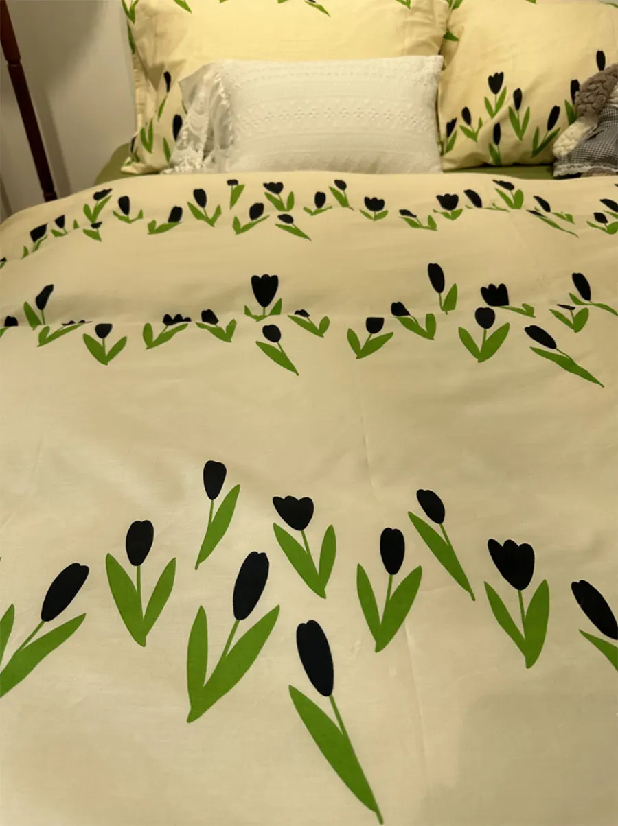 

Модный пасторальный Комплект постельного белья из тюльпанов зеленого и черного цвета для девушек, двуспальный полный Королевский хлопковый домашний текстиль, простыня, наволочка, пододеяльник