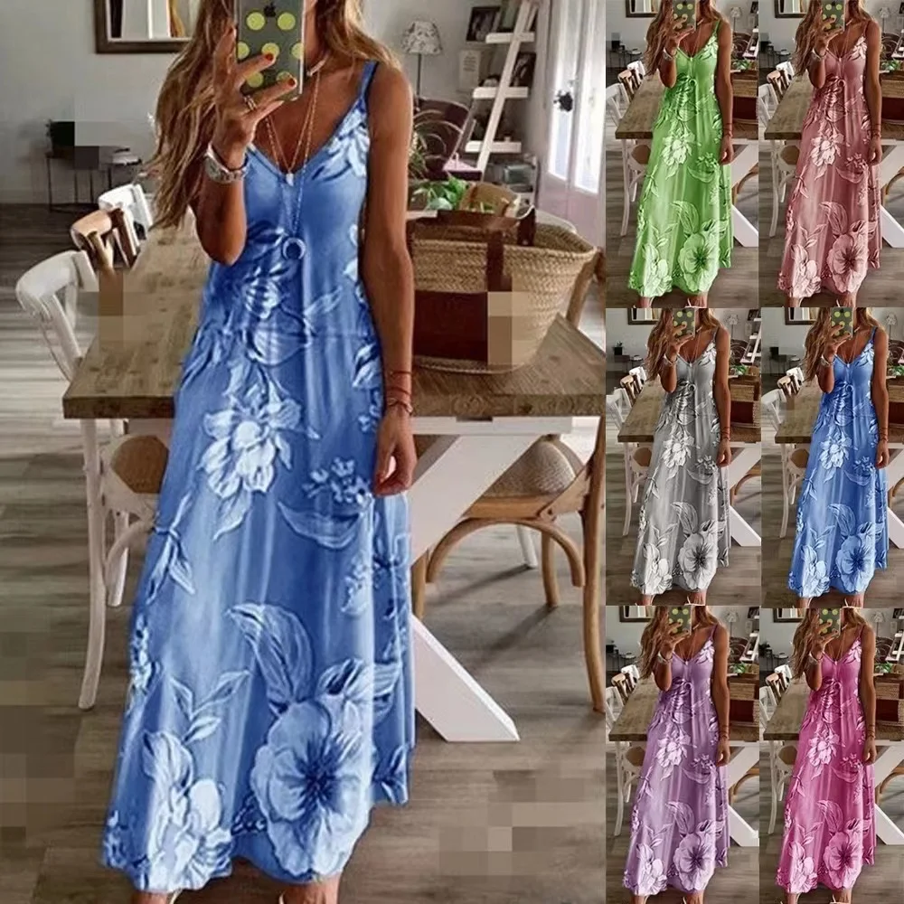 Floral Print Spaghetti Dress, Casual Crew Neck Ankle Cami Dress, Women's Clothing