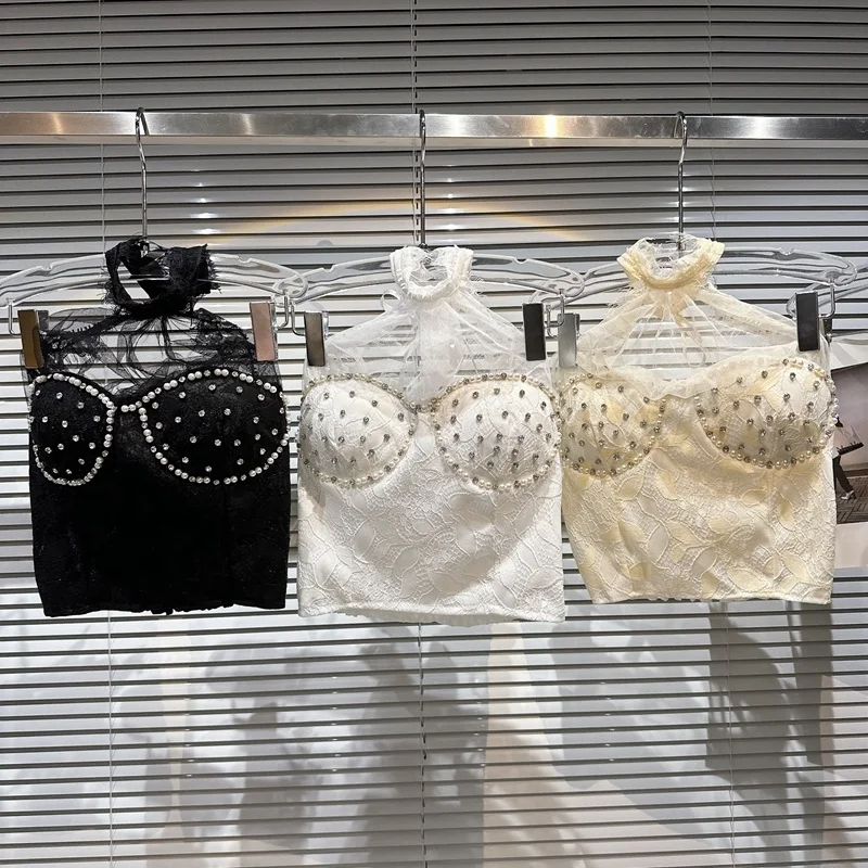 

Майка BORVEMAYS Женская однотонная, тонкая пикантная кружевная майка с подвесным воротником, без рукавов, черная, WZ1487, лето 2023