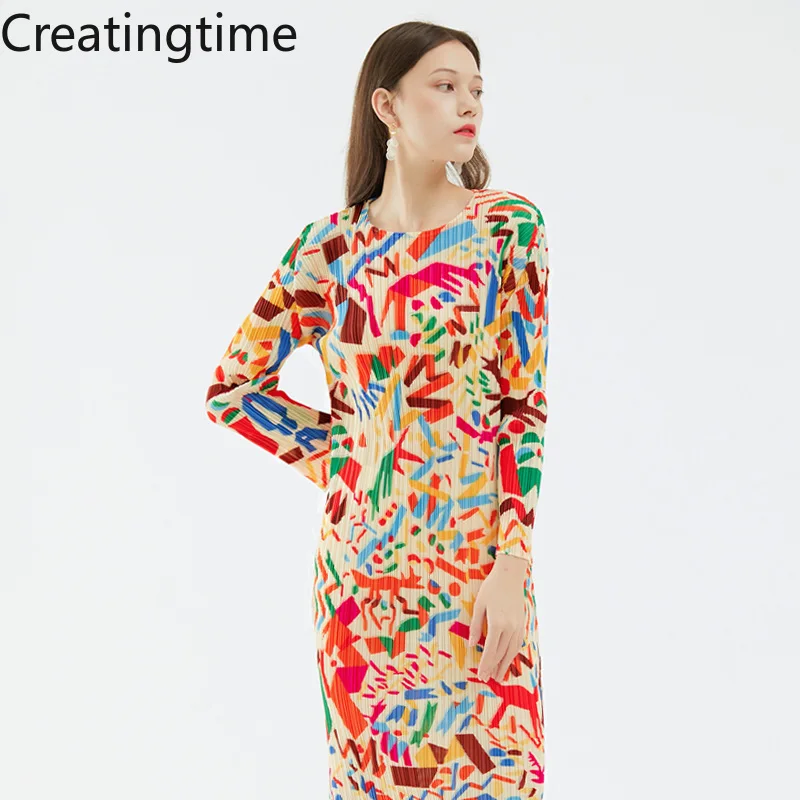 

Creatingtime 2022 Spring New Fashion Women's Round Neck Printed Long Sleeve Graffiti Pleated Slim High Waist A-Line Dress GA482