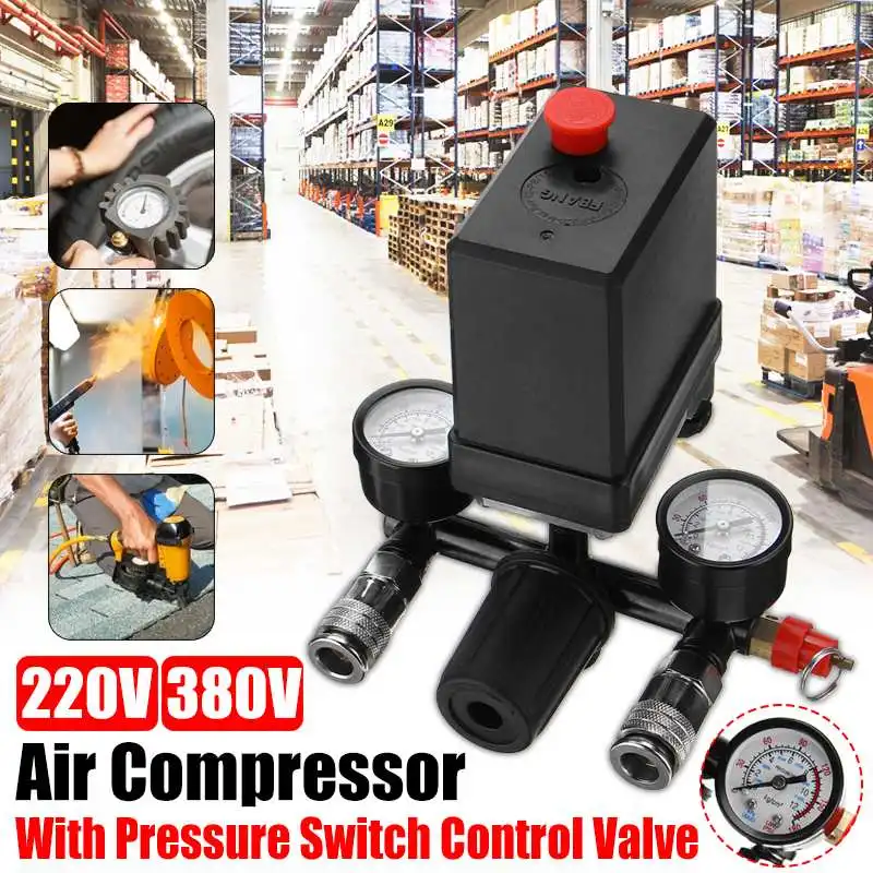 

Air Compressor Pressure Pump Valve Control Switch Manifold Relief Regulator Gauges 95-125PSI 220V 380V Aluminum Alloy Bracket