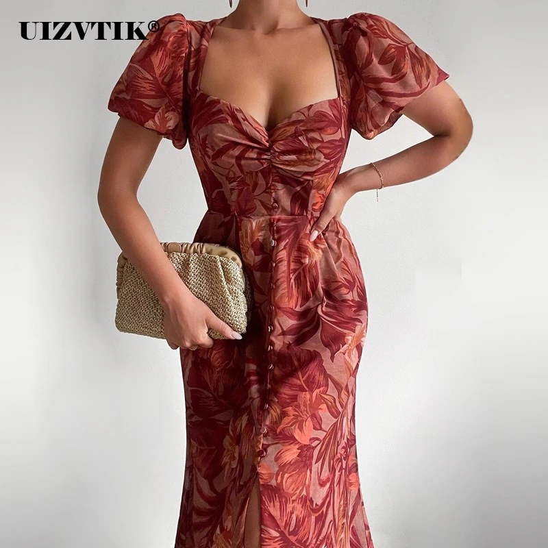 

Sexy V Neck Puff Sleeve Fashion Print Midi Summer Dresses for Women 2022 Casual Slim Holiday Beach Party High Slit Vestido
