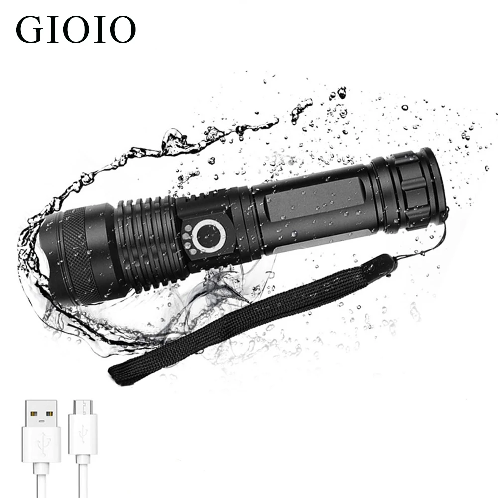 LED Flashlight XHP50 Powerful High Lumens USB Rechargeable IPX4 Waterproof LED Torch Zoomable Light Flashlight Fishing Camping