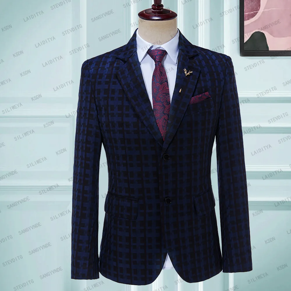 2023 Men's Suit Blazer Spring Jacket Black Coat Blue Check Pattern Notched Lapel Slim Fit Formal Business Prom Party One Piece